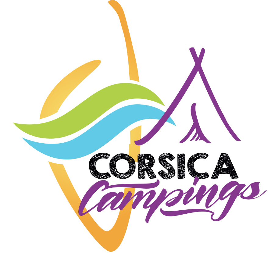 Le logo du camping présente des tentes et des vagues, idéal pour les amateurs de nature et d'évasion en Corse.